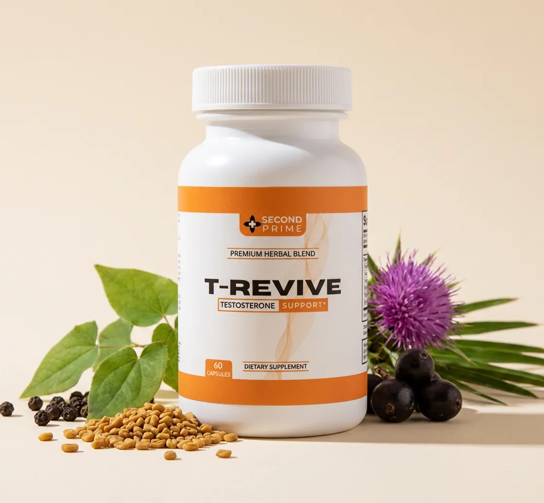 T-Revive testosterone support supplement bottle surrounded by its botanical ingredients
